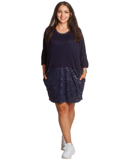 2XL,3XL,4XL,5XL Дълга тъмносиня туника тип рокля с джобове - Maxi Market