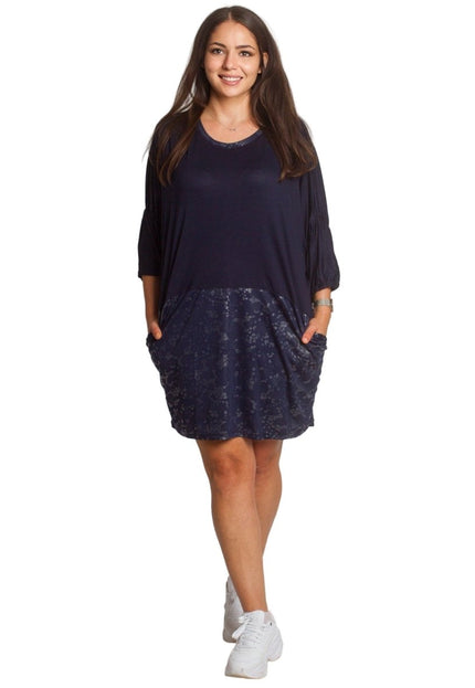 2XL,3XL,4XL,5XL Дълга тъмносиня туника тип рокля с джобове - Maxi Market