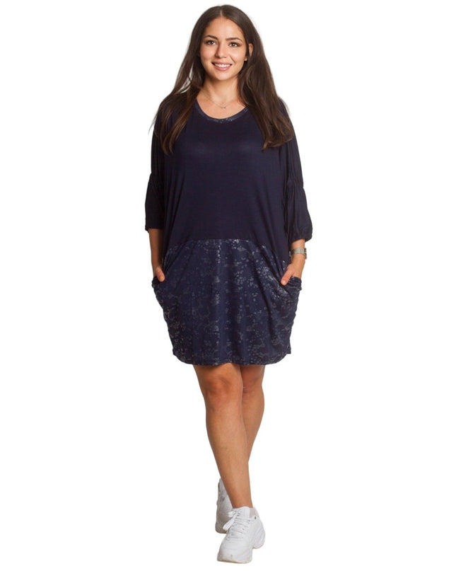 2XL,3XL,4XL,5XL Дълга тъмносиня туника тип рокля с джобове - Maxi Market