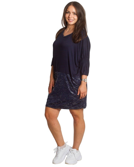 2XL,3XL,4XL,5XL Дълга тъмносиня туника тип рокля с джобове - Maxi Market