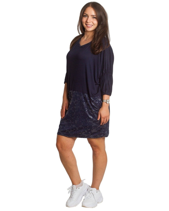 2XL,3XL,4XL,5XL Дълга тъмносиня туника тип рокля с джобове - Maxi Market