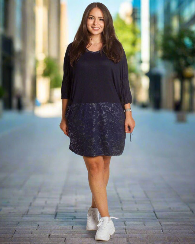 2XL,3XL,4XL,5XL Дълга тъмносиня туника тип рокля с джобове - Maxi Market