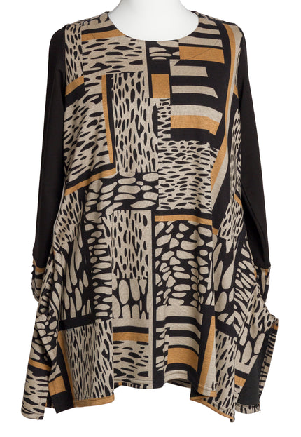 Туника в черно и охра с геометричен принт и разкроена кройка