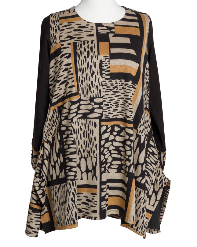 Туника в черно и охра с геометричен принт и разкроена кройка