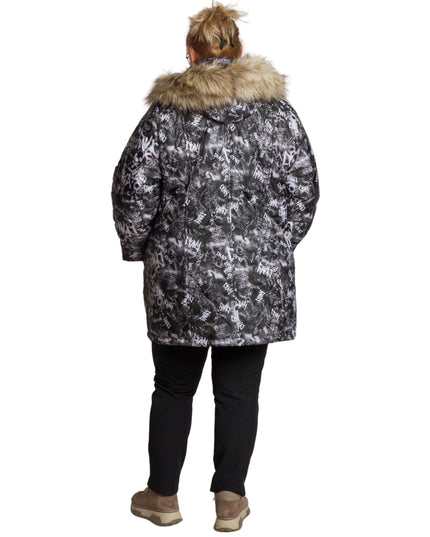 Дамско яке в големи размери с графити десен и качулка