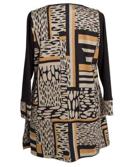 Туника в черно и охра с геометричен принт и разкроена кройка