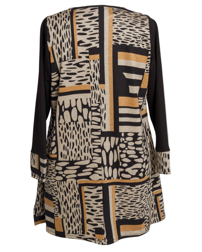 Туника в черно и охра с геометричен принт и разкроена кройка
