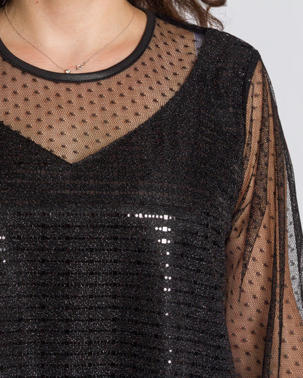 Черна официална туника с блестящ десен и обло деколте