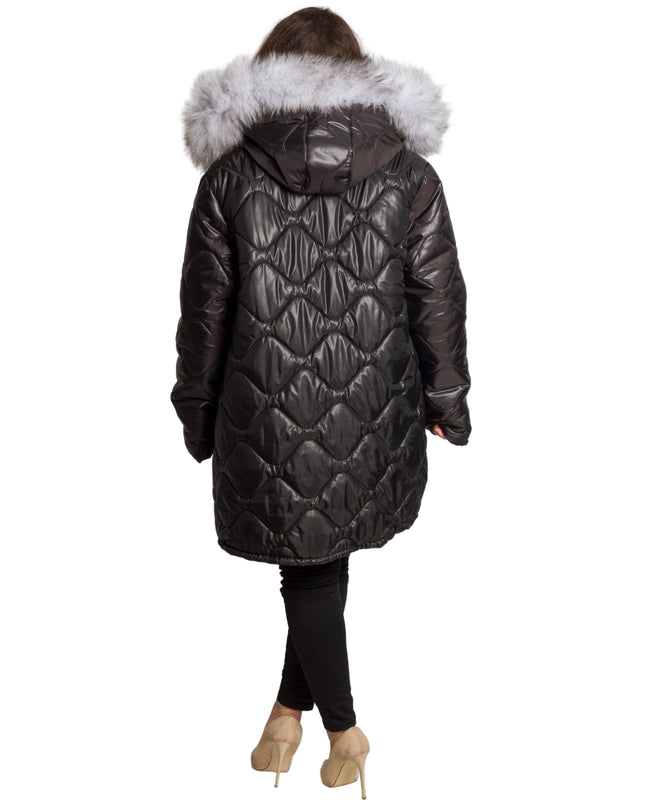 3XL-8XL Черно зимно яке с качулка от естествен косъм в макси размери