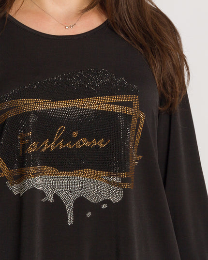 Черна туника с камъни и надпис Fashion в големи размери