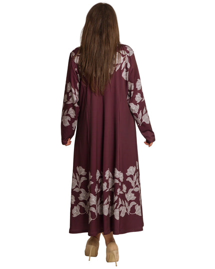 Бордо разкроена рокля с флорален бордюр в големи размери