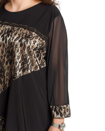 Елегантна черна туника с флорален акцент и ръкави от тюл