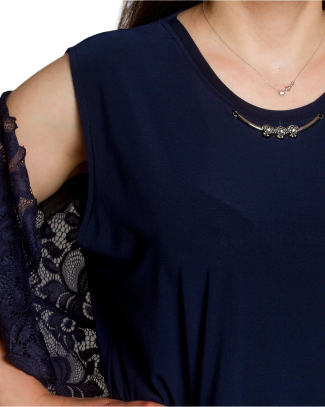 Официален тъмносин маски сет от рокля и дантелено сако