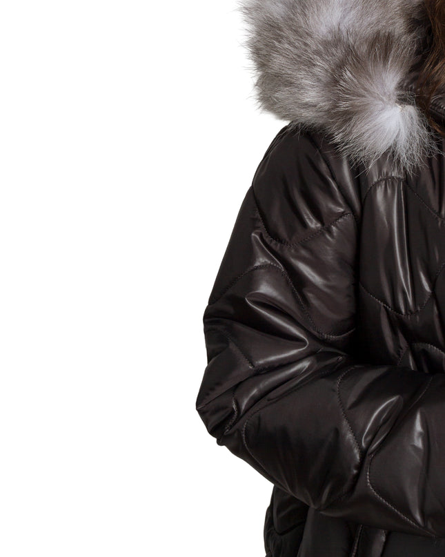 3XL-8XL Черно зимно яке с качулка от естествен косъм в макси размери