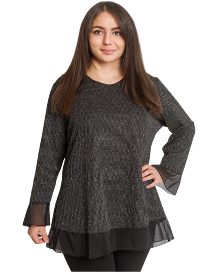 3XL 4XL Дамска туника с ламе и тюл в черен цвят - Maxi Market