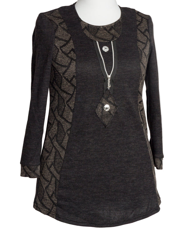 Тъмносива туника с декоративен цип и акцентни панели