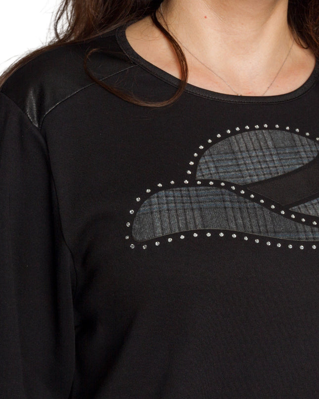 Черна туника с декорация и кожен ефект в долната част
