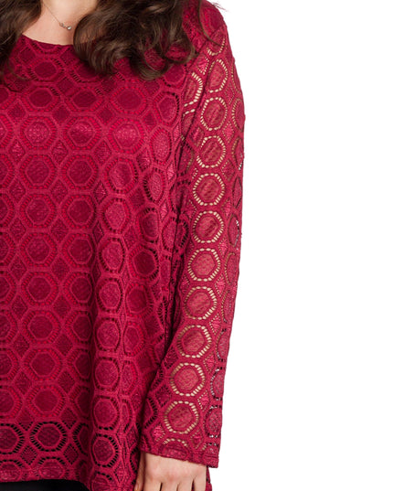 Официална бордо блуза с дантелени ръкави в големи размери