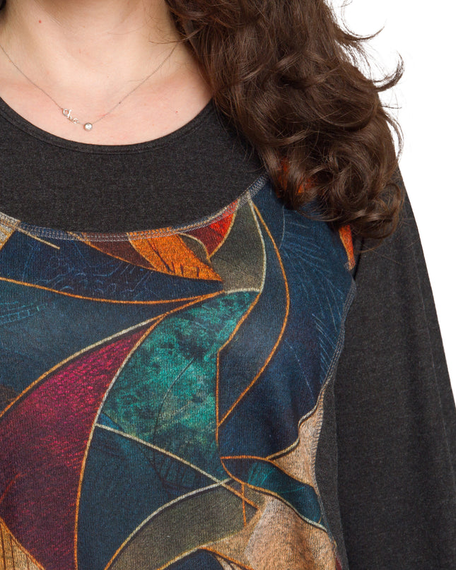 Тъмносива туника с артистичен цветен мотив и свободна кройка