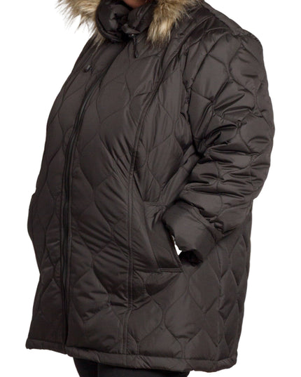 Разкроено черно яке в големи размери с пухена качулка