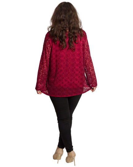 Официална бордо блуза с дантелени ръкави в големи размери