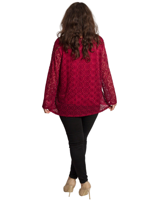 Официална бордо блуза с дантелени ръкави в големи размери