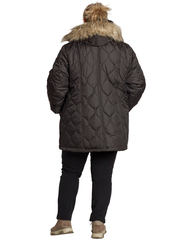 Разкроено черно яке в големи размери с пухена качулка