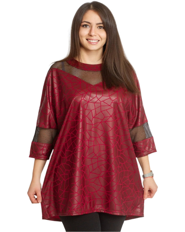 4XL 5XL Официална туника с 3/4 ръкави в цвят бордо - Maxi Market