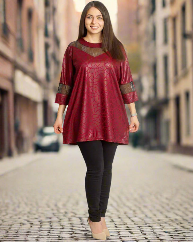 4XL 5XL Официална туника с 3/4 ръкави в цвят бордо - Maxi Market