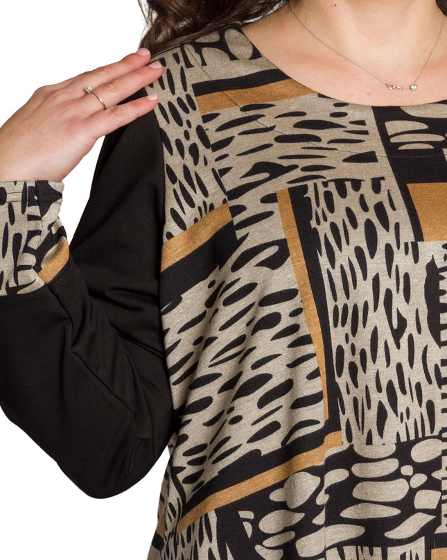Туника в черно и охра с геометричен принт и разкроена кройка