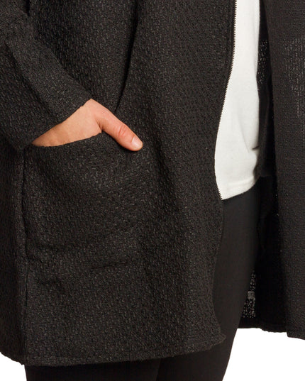 Разкроен дамски жакет с цип и джобове в черен цвят