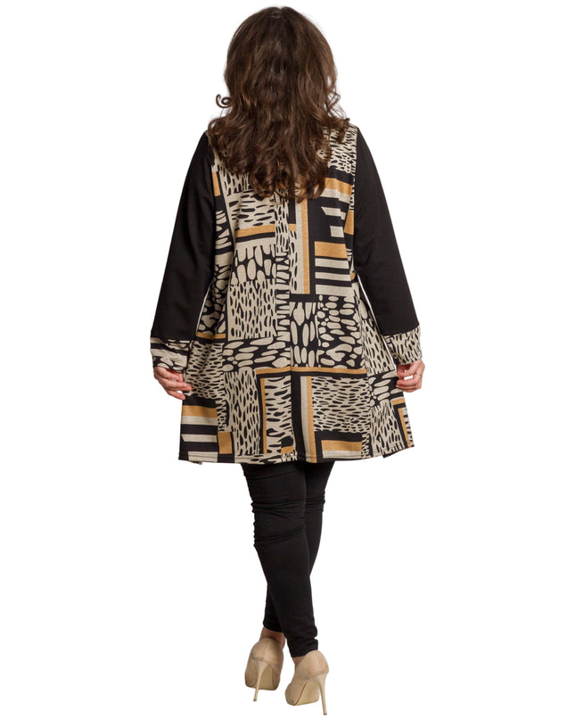 Туника в черно и охра с геометричен принт и разкроена кройка