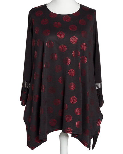 Елегантна разкроена туника с червени лъскави точки