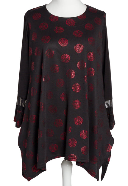 Елегантна разкроена туника с червени лъскави точки