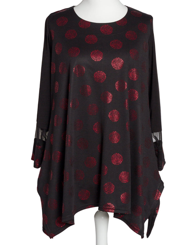 Елегантна разкроена туника с червени лъскави точки