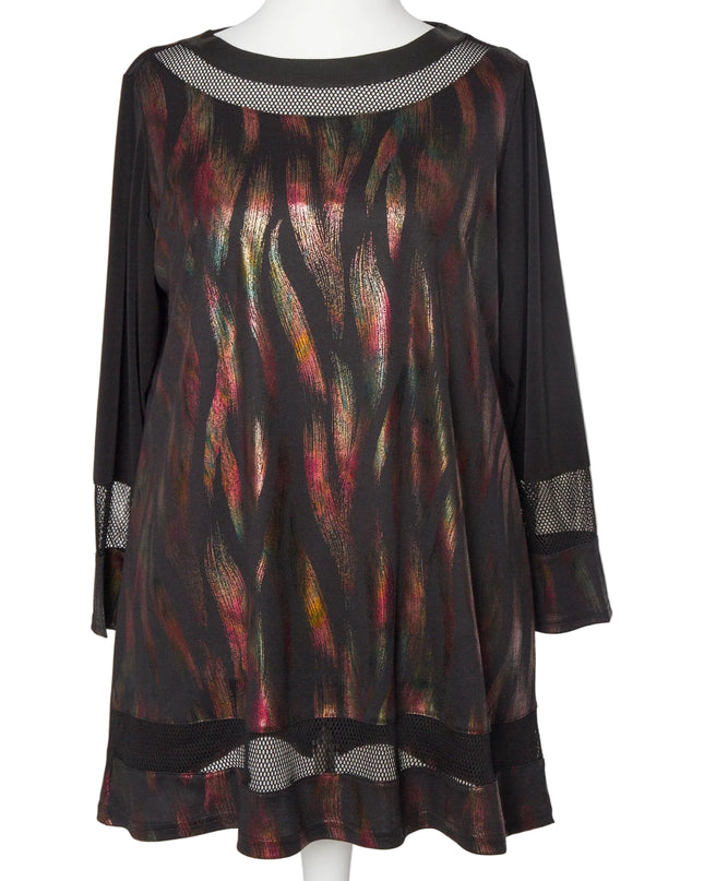 Официална черна разкроена туника в десен на цветни ивици