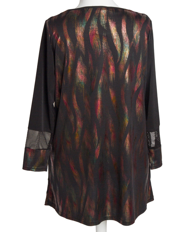 Официална черна разкроена туника в десен на цветни ивици