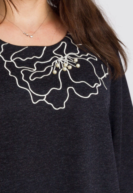 Тъмносиня разкроена туника с декорация в големи размери