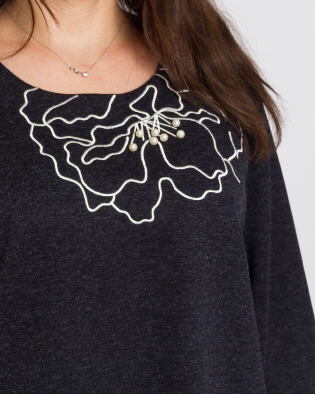 Тъмносиня разкроена туника с декорация в големи размери