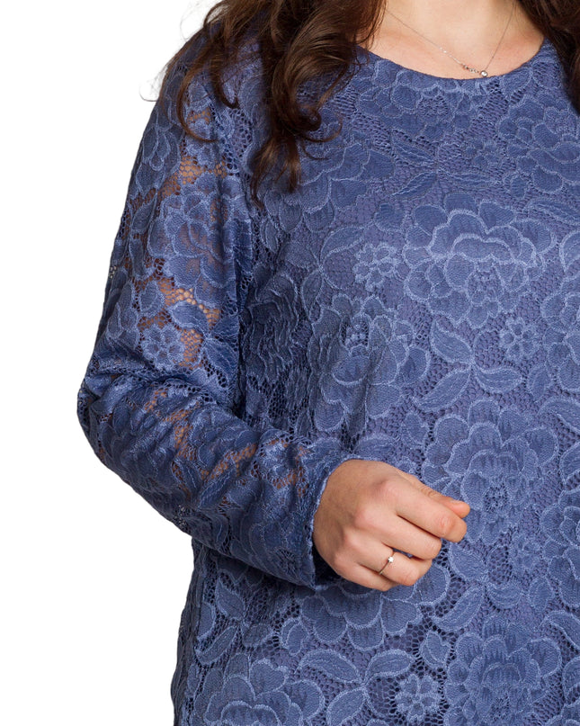 Официална синя блуза с дантелени ръкави в големи размери