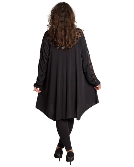 Елегантна разкроена черна туника на точки в големи размери