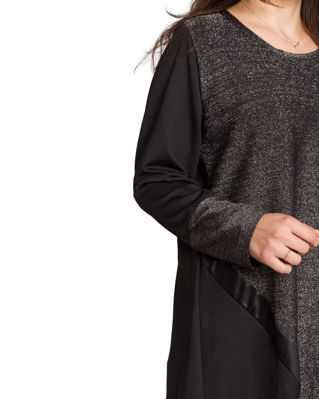 Елегантна сива разкроена туника с ламе ефект и кожени акценти