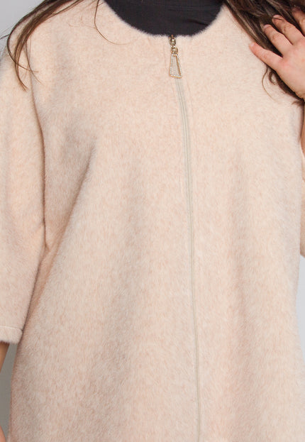 Дамски бежов свободен жакет с цип в големи размери