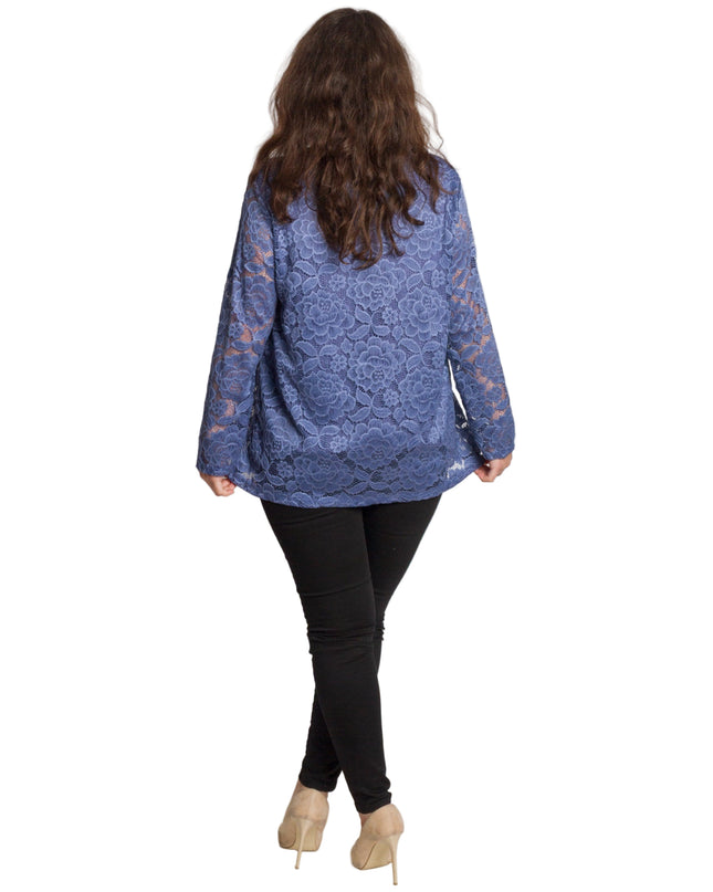 Официална синя блуза с дантелени ръкави в големи размери