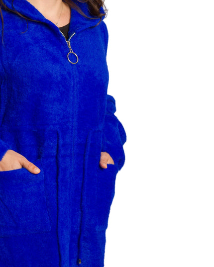 Кралскосиньо яке с качулка и връзки на талията в големи размери