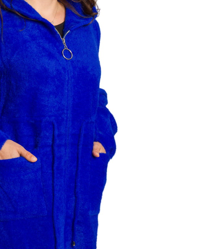 Кралскосиньо яке с качулка и връзки на талията в големи размери