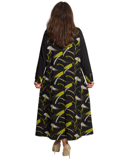 Черна разкроена рокля с дълъг ръкав в големи размери