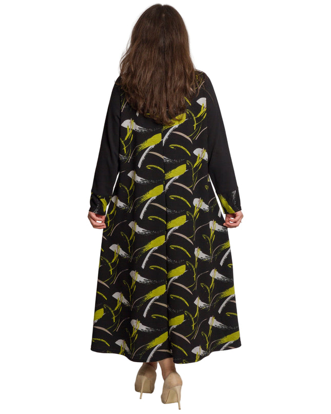 Черна разкроена рокля с дълъг ръкав в големи размери