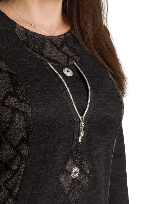 Тъмносива права туника с декоративен цип и трикотажни акценти