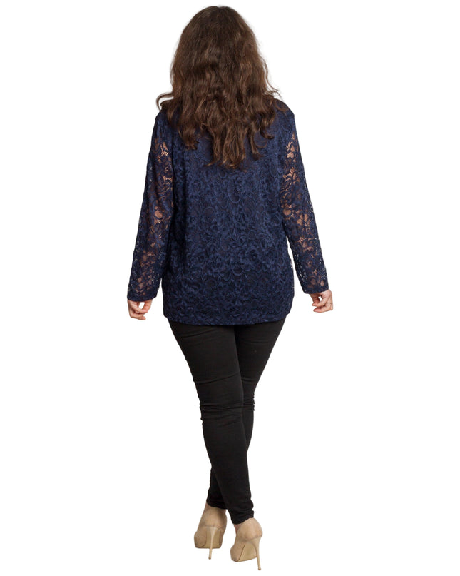 Официална тъмносиня блуза с дантелени ръкави